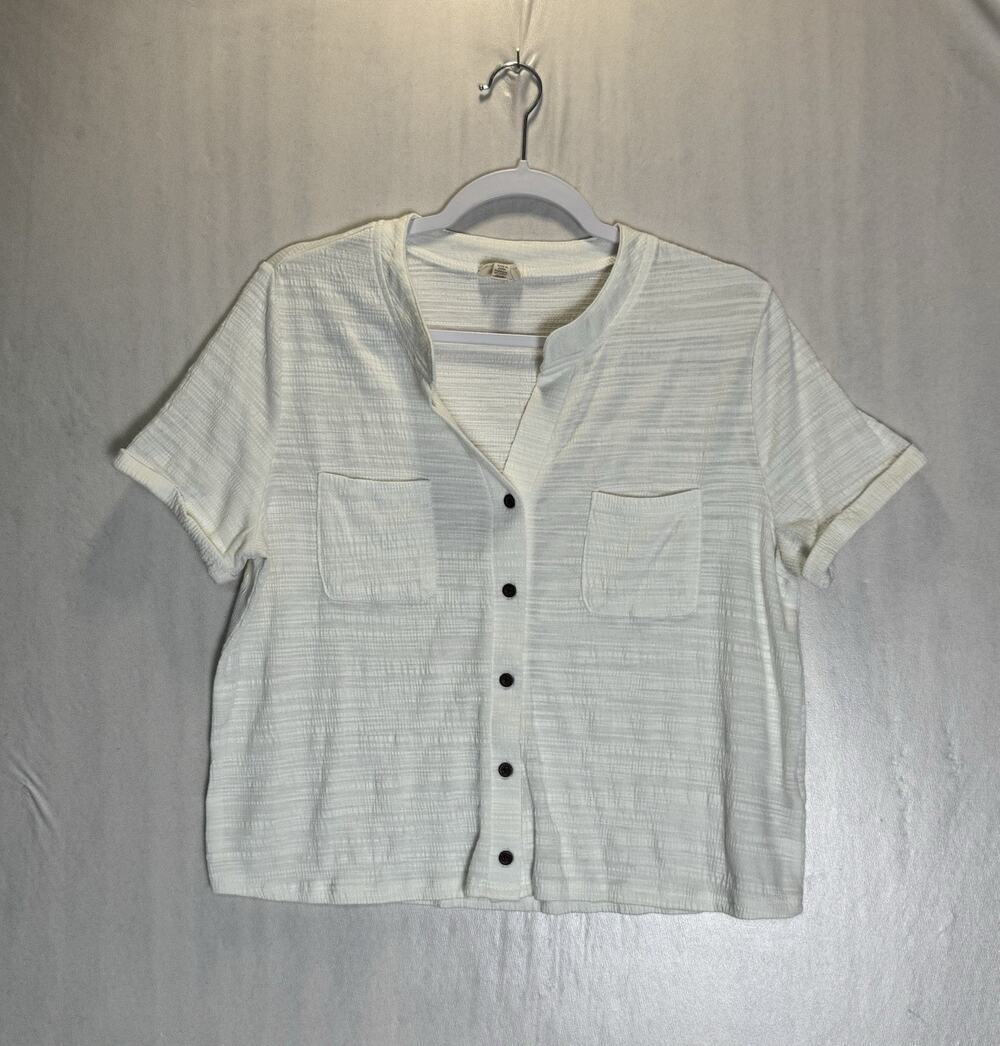 Greige Womens Ivory Slub Texture Button Top Coastal Chic Lagenlook Minimal Sz L